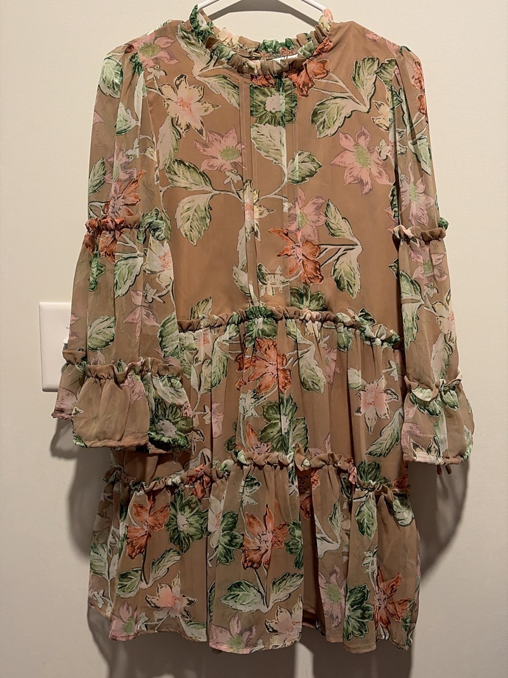 Princess Polly Floral Tiered Chiffon Dress in Beige, Green and Pink